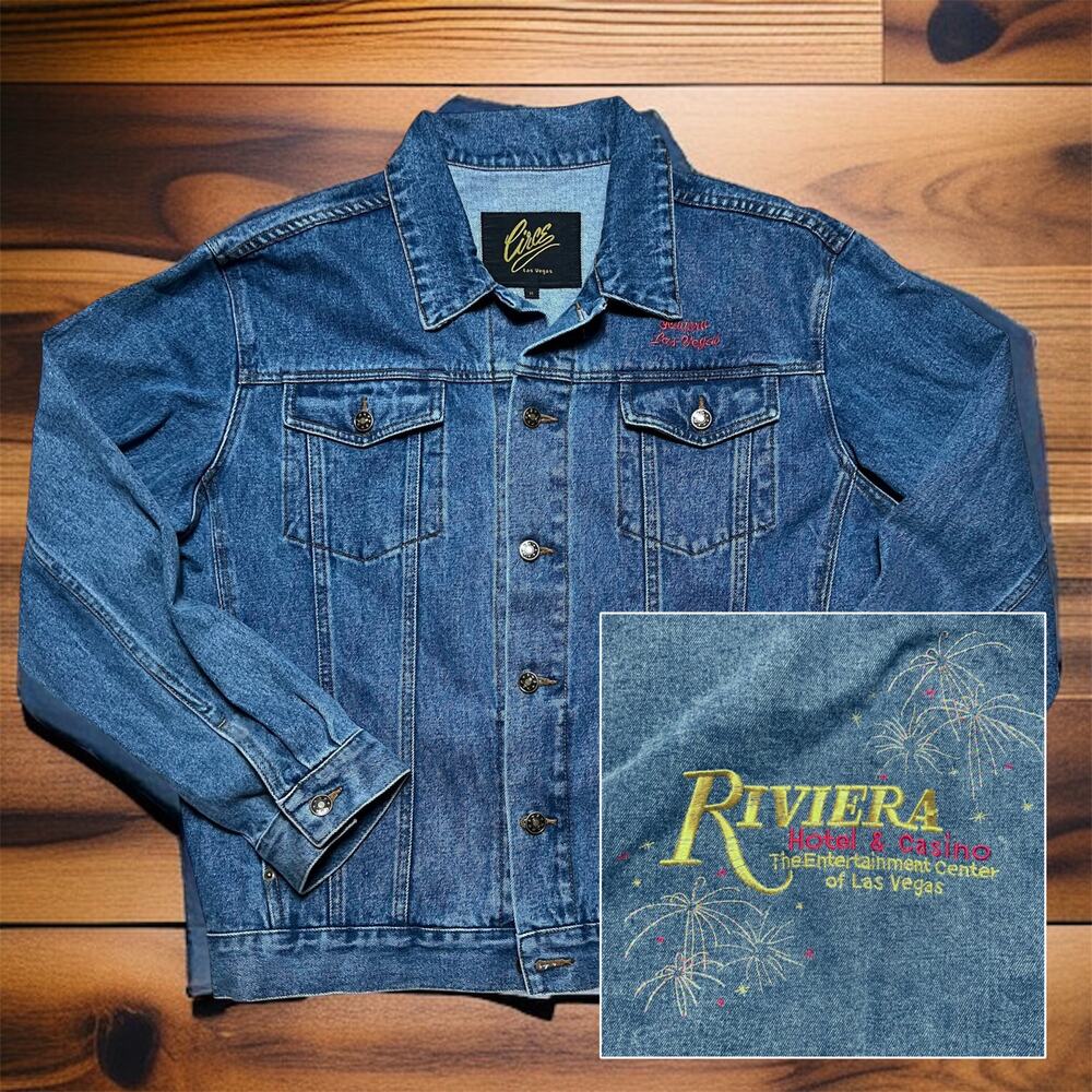 VITNGE 90s Las Vegas Denim Trucker Jacket Size M Retro Embroidered Streetwear
